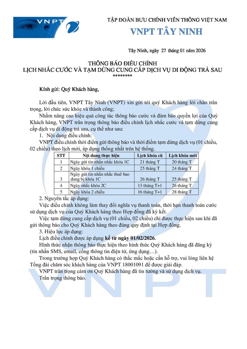 VNPT Tây Ninh thông báo điều chỉnh lịch khóa máy đối với thuê bao di động trả sau